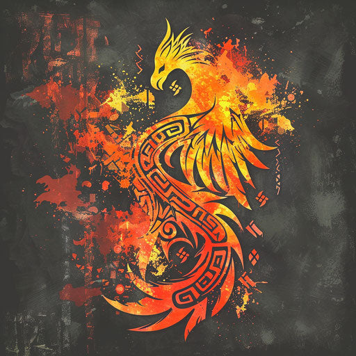 Dynamic sketch of Nordic runes in fiery phoenix silhouette
