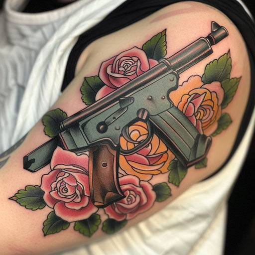 Gangster gun surrounded by roses on white canvas
