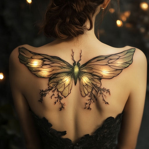 Wings tattoo on back with ethereal fairy wings glowing softly