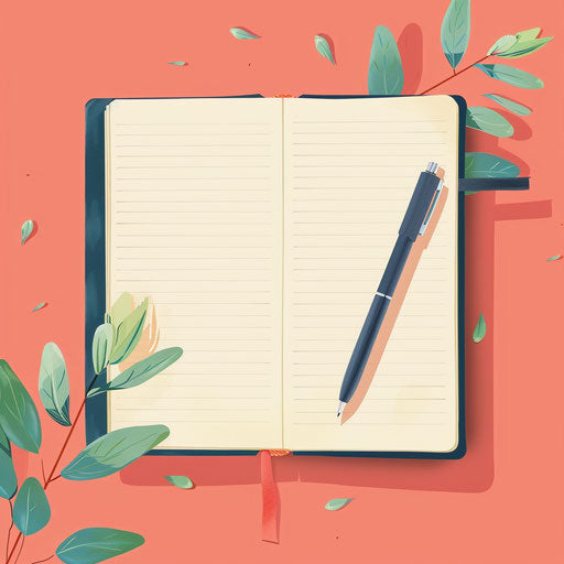 Realistic journal clipart on vibrant coral background