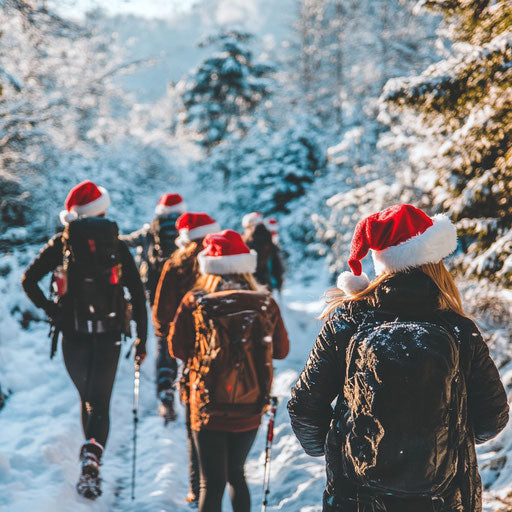 Winter hike with friends wearing Santa hats