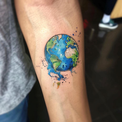 Watercolor effect in a flat tattoo sketch of Earth, blending blues and greens fluidly