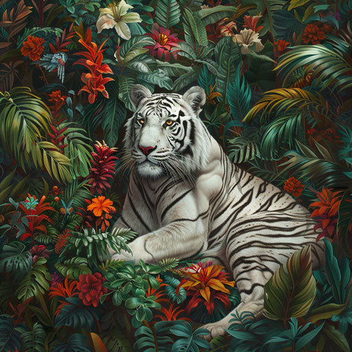 The vibrant life surrounding a white tiger in a tropical forest