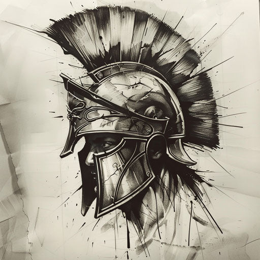Mythological spartan helmet tattoo sketch with gods and creatures