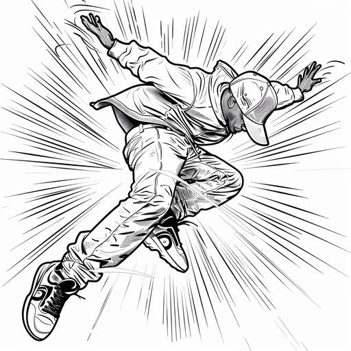 Hip-hop dancer jumping in breakdancing move on coloring page