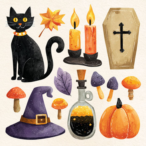 Vibrant Halloween Elements with a Black Cat