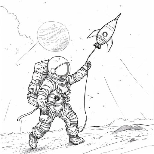 Astronaut playing with rocket-shaped kite in zero gravity