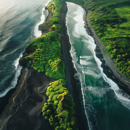Black sand beach with dramatic shoreline and lush greenery