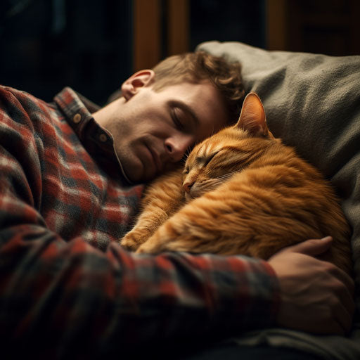 orange cat sleeping on a couch with its owner