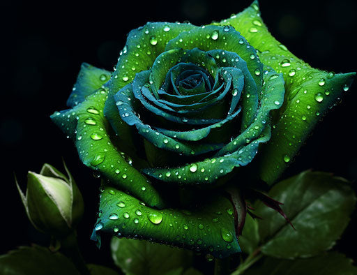 Rose with blue and green drops, dark green and emerald style, captivating