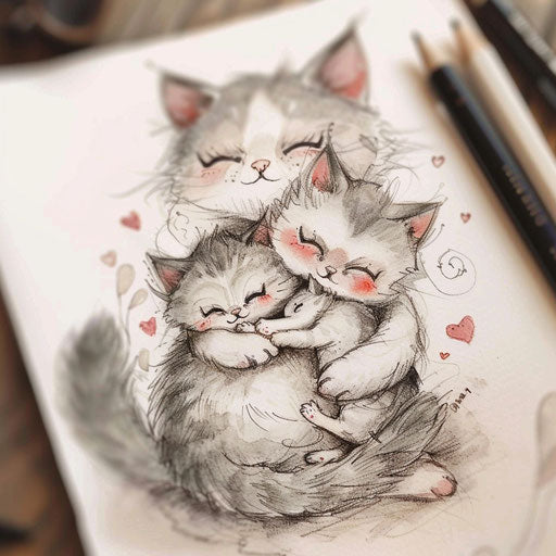 A touching tattoo sketch of a mother cat and kittens