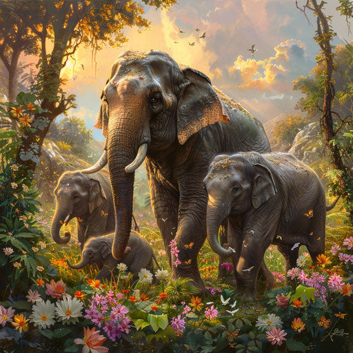 An elephant interacting with its family in a lush landscape