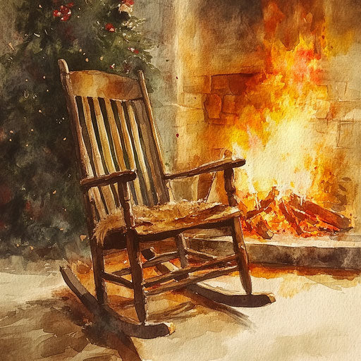 Vintage wooden rocking chair by the christmas fire