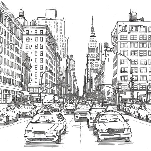 Busy street scene: simple buildings and cars, Stephen Wiltshire style