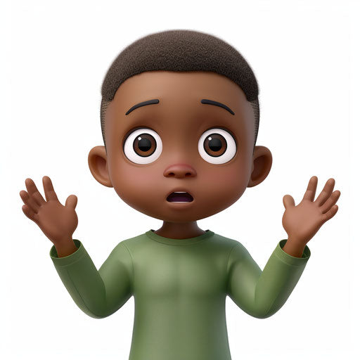 Confused black boy in green raising hands