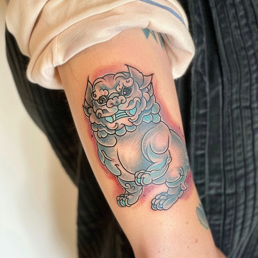 Pastel foo dog tattoo, soft colors and gentle shading