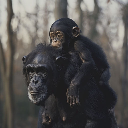 Chimpanzee mother carrying baby on her back