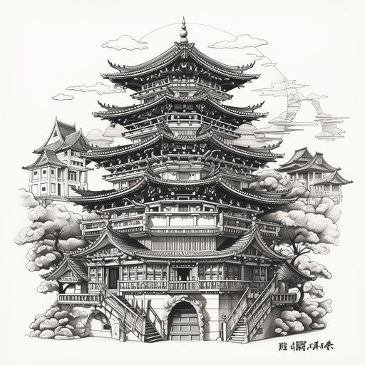 Black and white drawing of a chinapunk-style temple