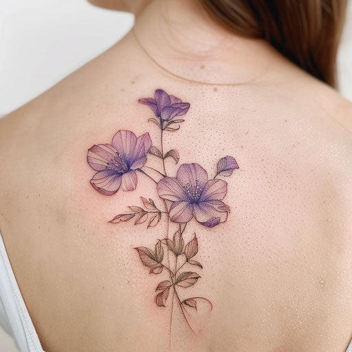 Pastel violet flower tattoo with dreamy aesthetic on white background