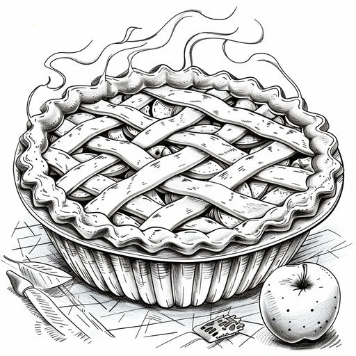 Apple pie with lattice crust and rising steam. Coloring book page