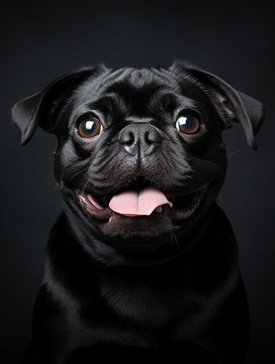 Black pug dog smiling at camera with a large black eye