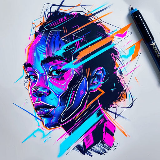 Dynamic flat tattoo sketch with sporty vibe, action lines, vibrant neon colors