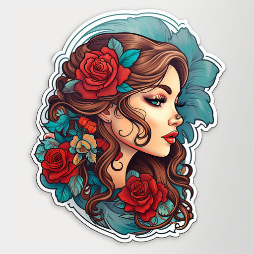 beautiful girl sticker, neotraditional style, young british artists (YBAS), mckadesinsanity, tattoo, folkloric, light azure and maroon, trish mistric