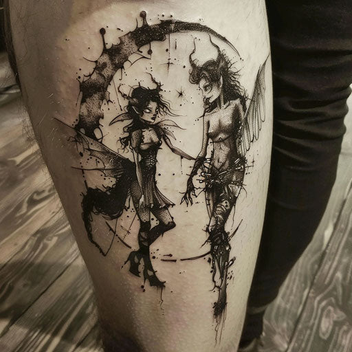 Friendship tattoos in the style of Gerald Brom with dark fairies and linked themes