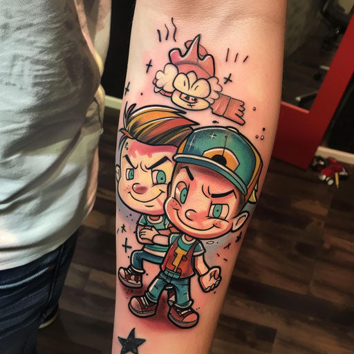 Sibling tattoos with cartoonish flair, Steve Sack-style