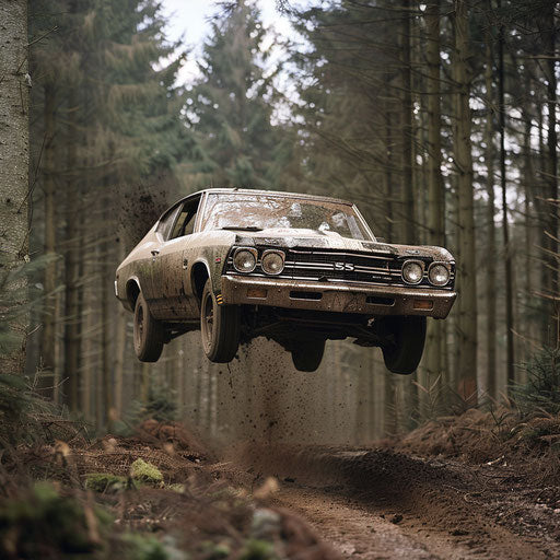 1969 Chevrolet Chevelle SS rally car covered in mud, mid-jump in a forest rally stage