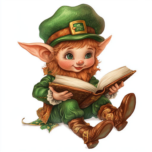 Cute leprechaun reading, clipart on white background, Kinkade and Alvarado style