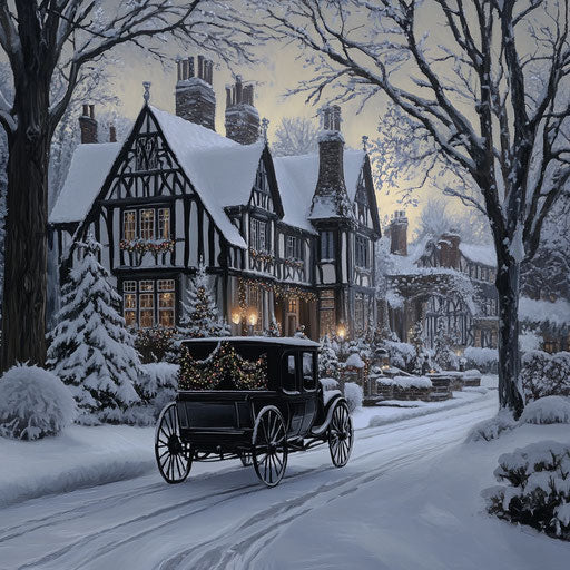 Christmas at the manor house, a carriage in front of a large, elegant English mansion with black wood and white trim, surrounded by trees, decorated for Christmas