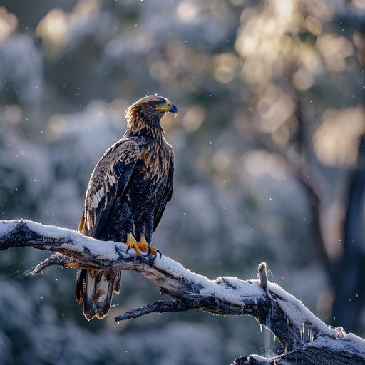 Majestic eagle perched on snowy branch in the early morning