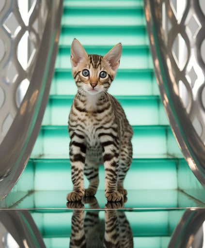 Bengal kitten standing on the carpet stairs
