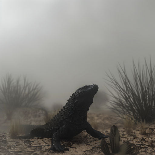 Gila monster in a foggy desert morning