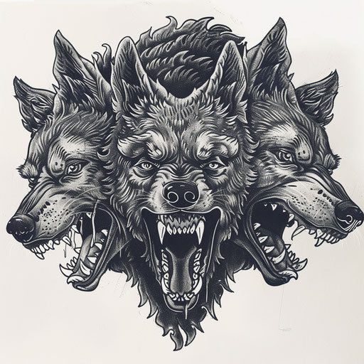 Mythical Cerberus, three-headed dog, intense Greek tattoo on white background