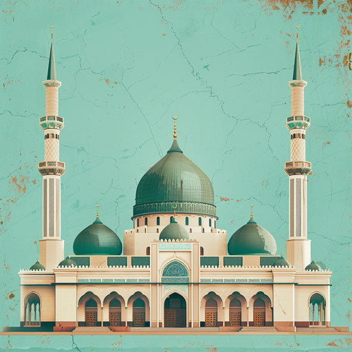 Realistic mosque clipart on flat turquoise background