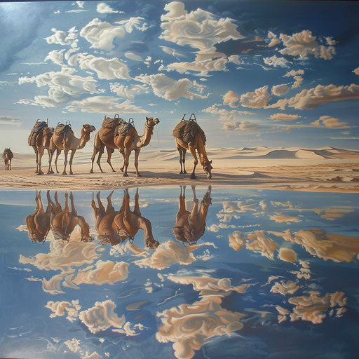 Camels reflecting on surface of serene desert mirage
