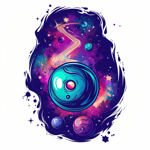 Mystical 8 ball with celestial symbols and deep space hues