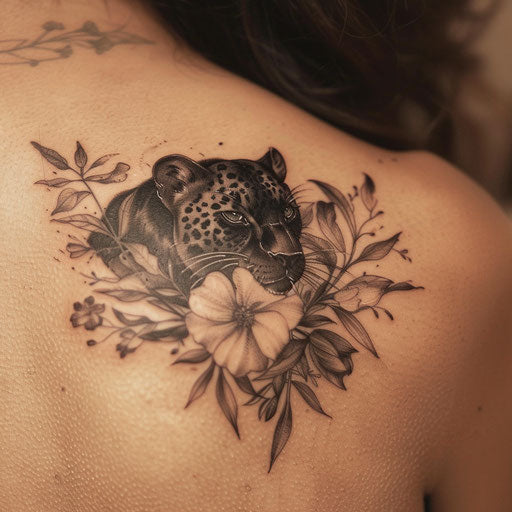 Elegant black panther tattoo in a floral setting
