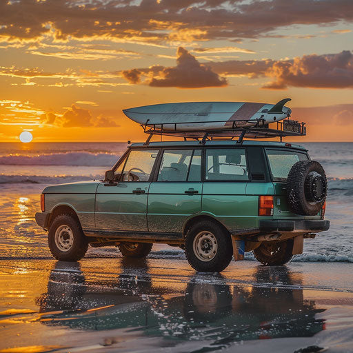Sunset on a beach with a Range Rover and a vintage surfboard