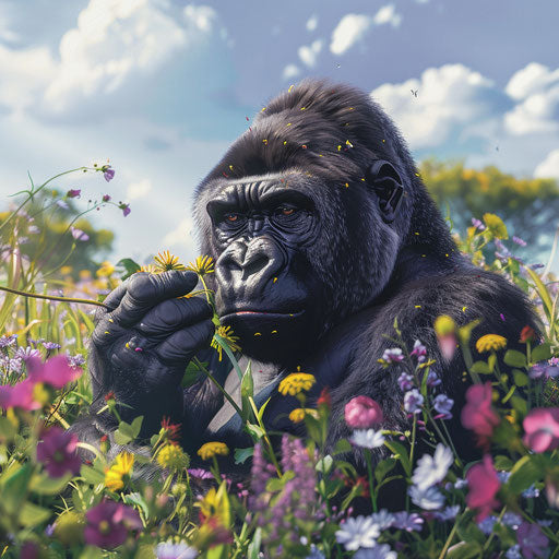 Gorillas in a serene meadow surrounded by wildflowers