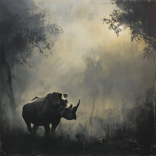 Black rhino in a misty morning landscape
