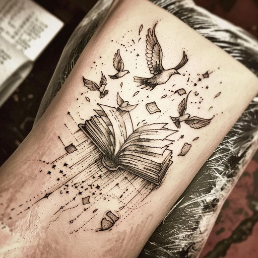 Rustic flat tattoo sketch of an open book with flying letters, suggesting freedom of expression