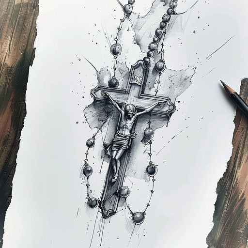Hand-drawn rustic rosary tattoo sketch