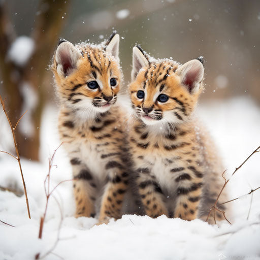 Serval cat kittens playing in the snow