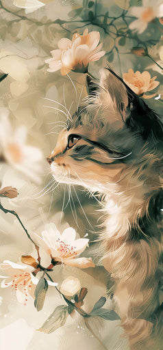 Cat looking at a white flower, colorful ink wash painting style, light yellow and light pink