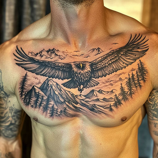 Tribal eagle chest tattoo soaring over the mountains