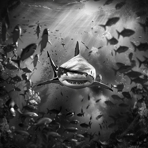 Bull shark with a school of fish in the background