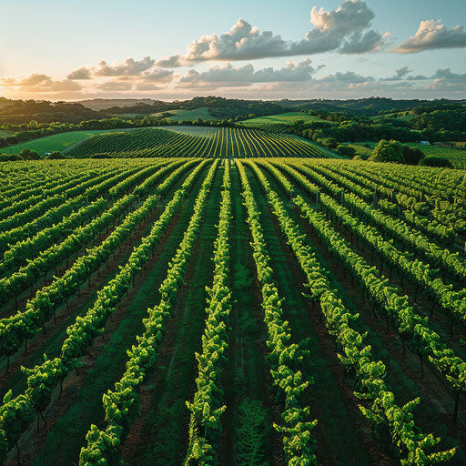 Picturesque vineyard under blue sky, aerial view